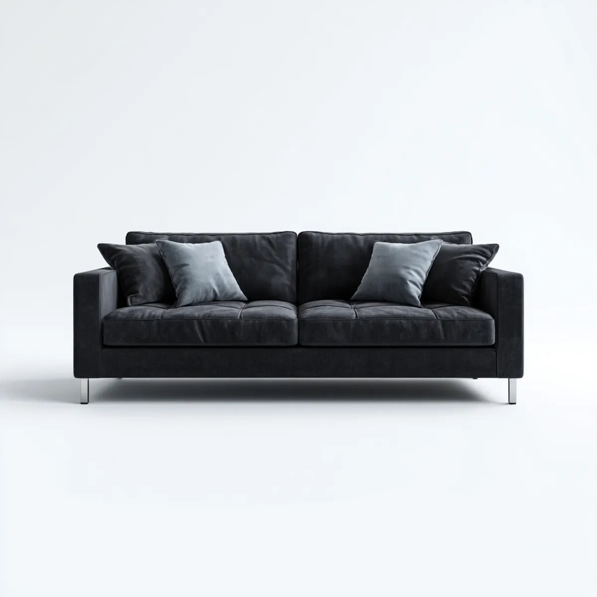 Divano 3 posti nero con cuscini grigi in poliestere effetto velluto 220 x 90 x 84 cm rettangolare