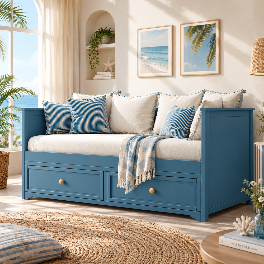 Divano‑letto blu in legno con cassetti contenitori