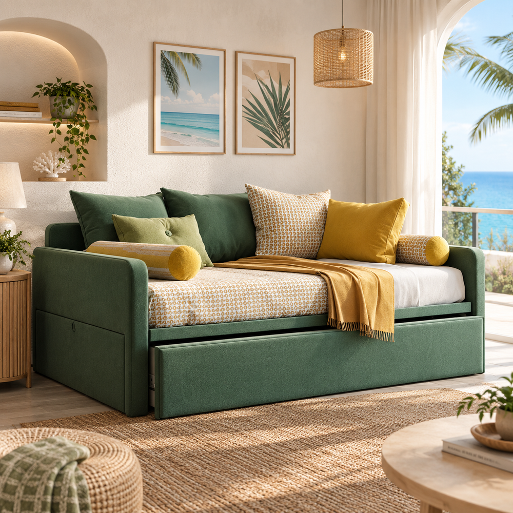 Divano‑letto estraibile verde con vano contenitore