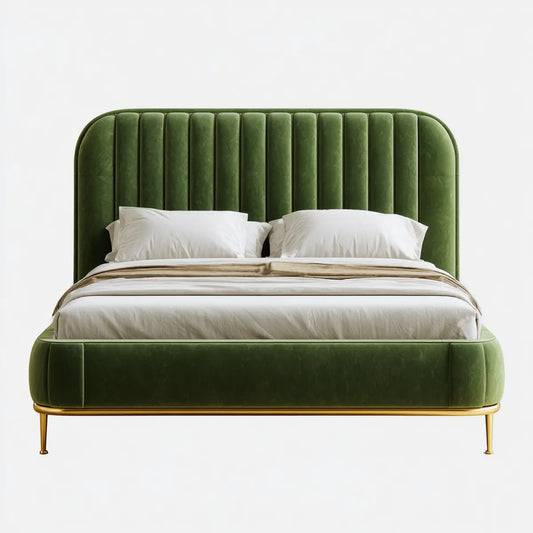 Letto matrimoniale imbottito verde 180 x 200 cm in velluto di poliestere con testiera arrotondata