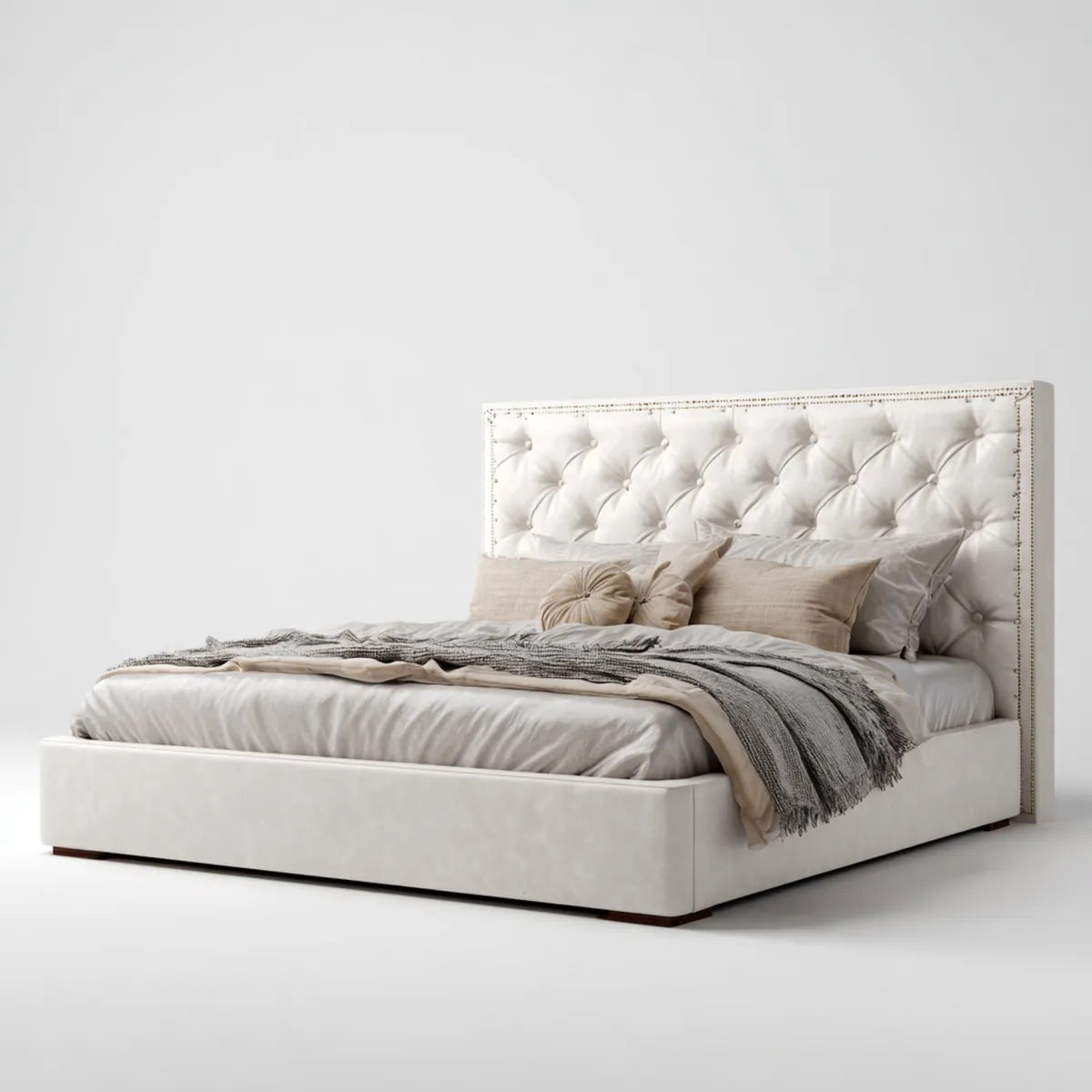 Letto matrimoniale imbottito bianco 160 x 200 cm in velluto di poliestere con testiera capitonné rettangolare