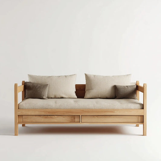 Divano letto 3 posti beige in pino massello con cassetti 200 x 85 x 85 cm