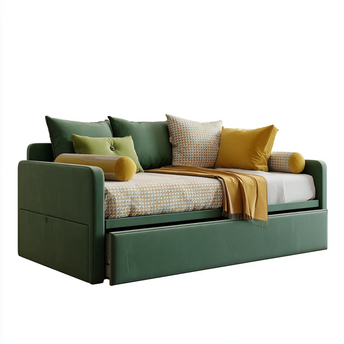 Divano letto estraibile verde in velluto di poliestere rettangolare 215 x 100 x 85 cm con letto inferiore 90 x 190 cm