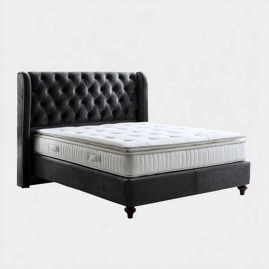 Letto matrimoniale imbottito nero 160 x 200 cm in velluto di poliestere con testiera capitonné rettangolare